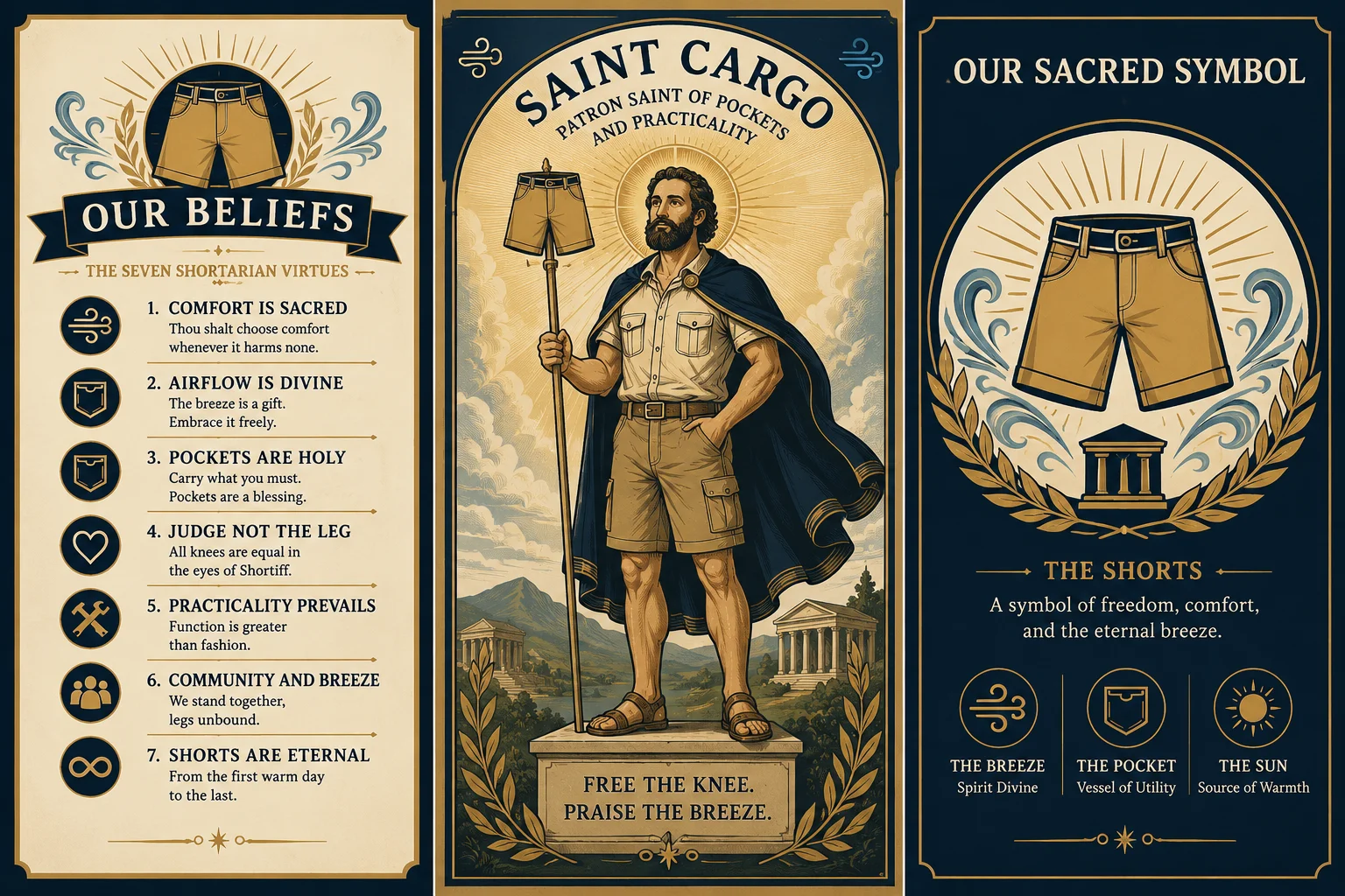 Three panels: The Seven Shortarian Virtues, Saint Cargo patron saint of pockets, and the Sacred Symbol of the Temple